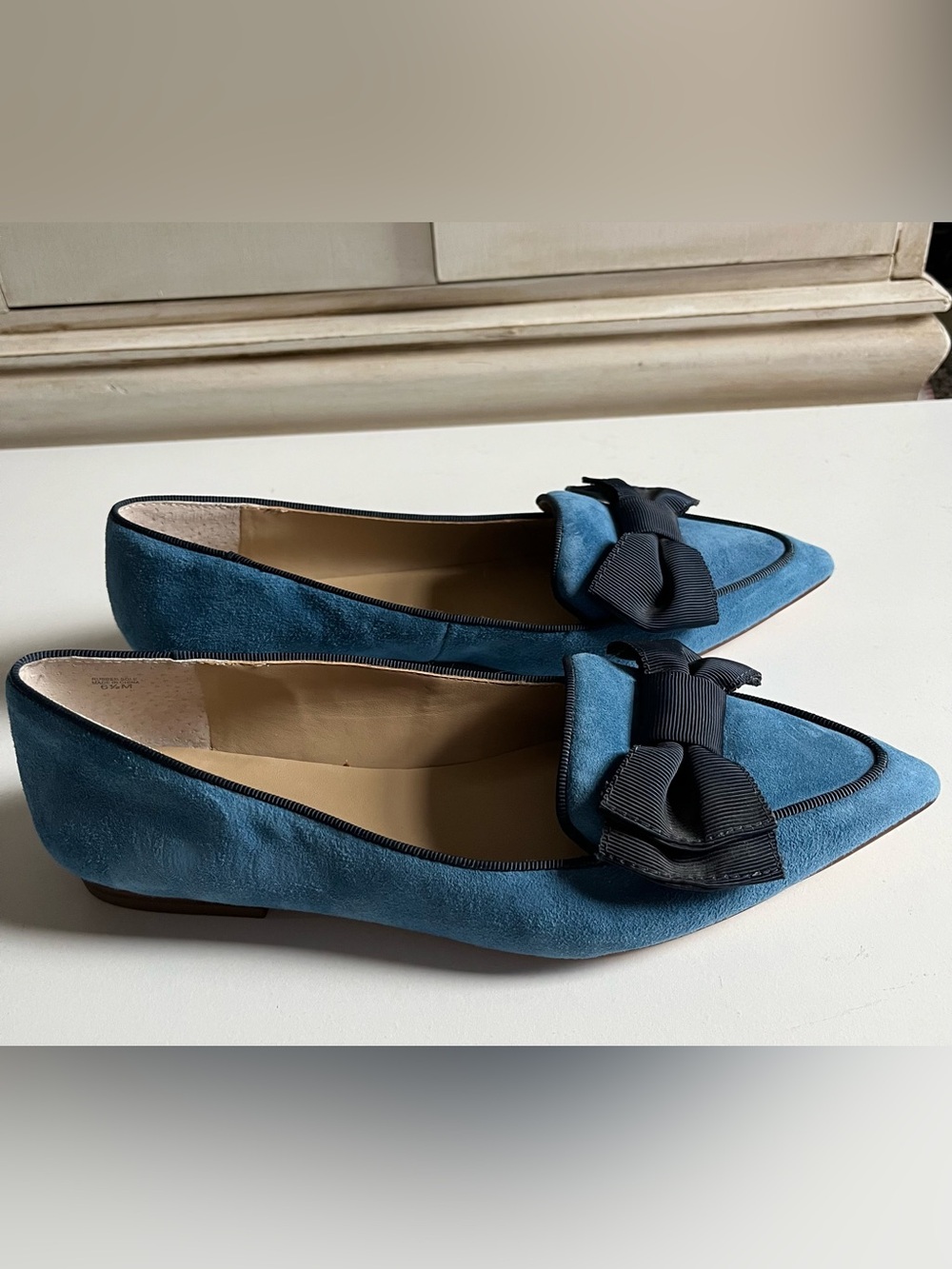 Ann Taylor Ziggy Suede Slip On Ballet Flats Blue Black Ribbon Size 6.5M
